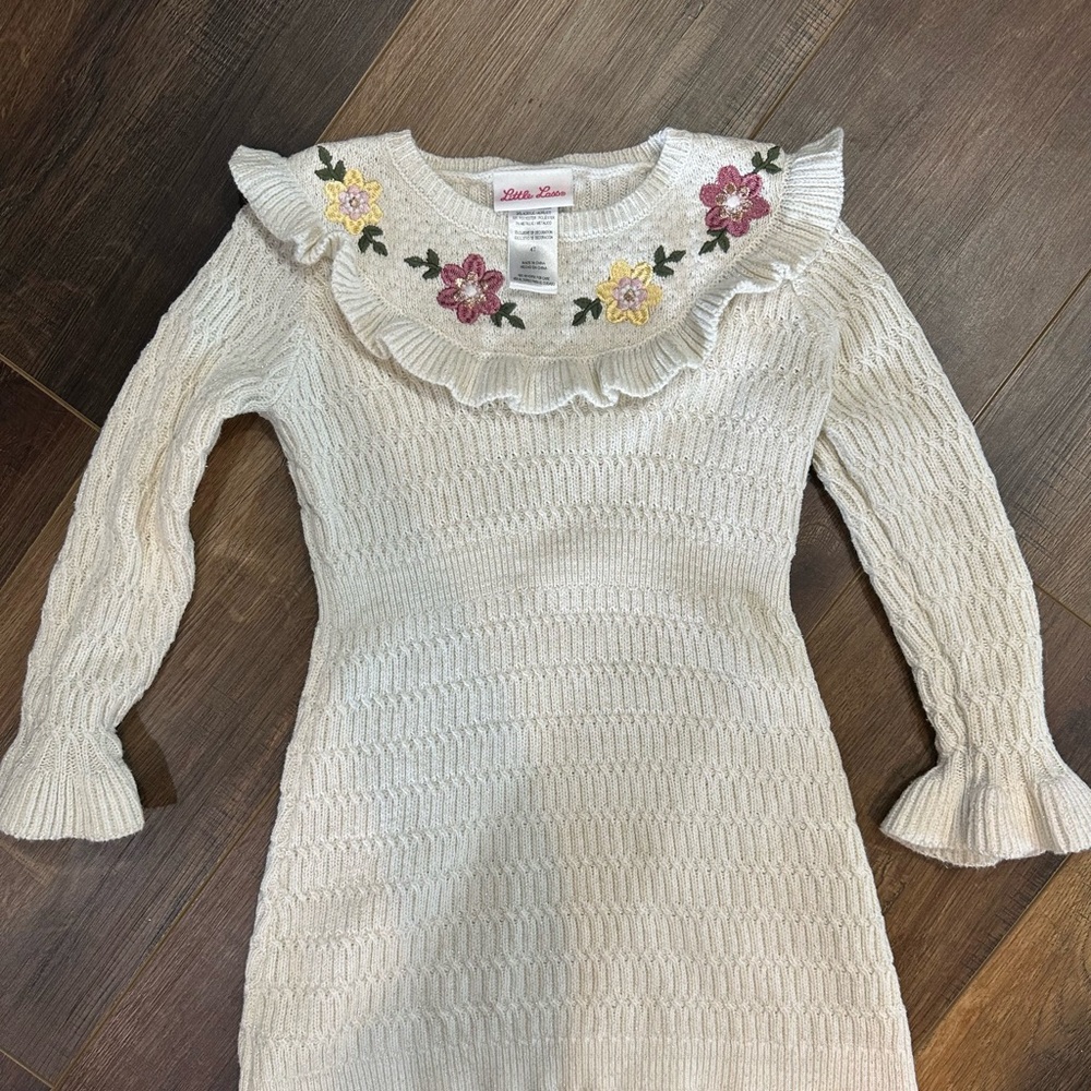 Little Lass Cream Knit Sweater dress with embroidered flowers